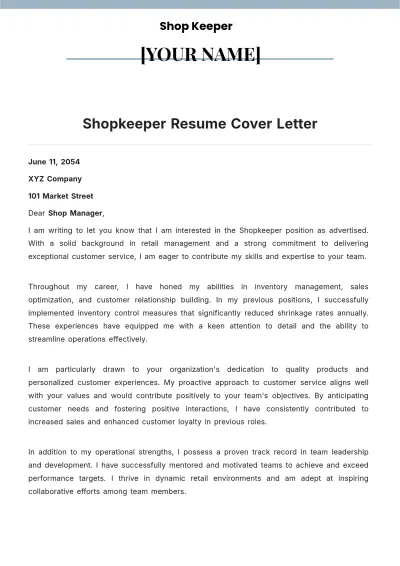 Free Shopkeeper Resume Cover Letter to Edit Online