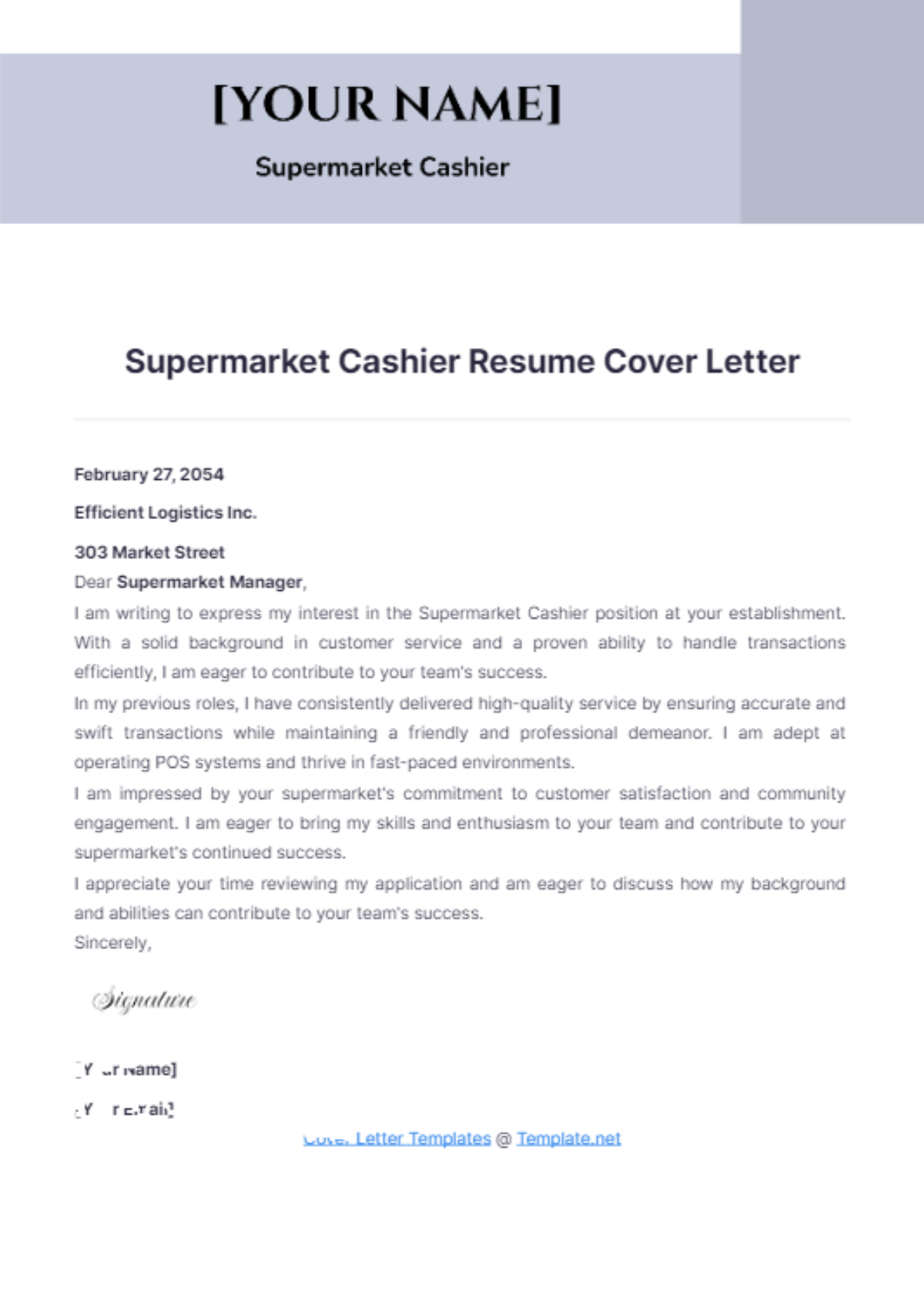 Supermarket Cashier Resume Cover Letter - Edit Online & Download