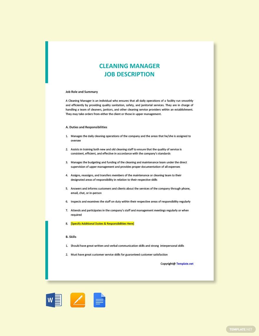 Cleaning Manager Job Description Template