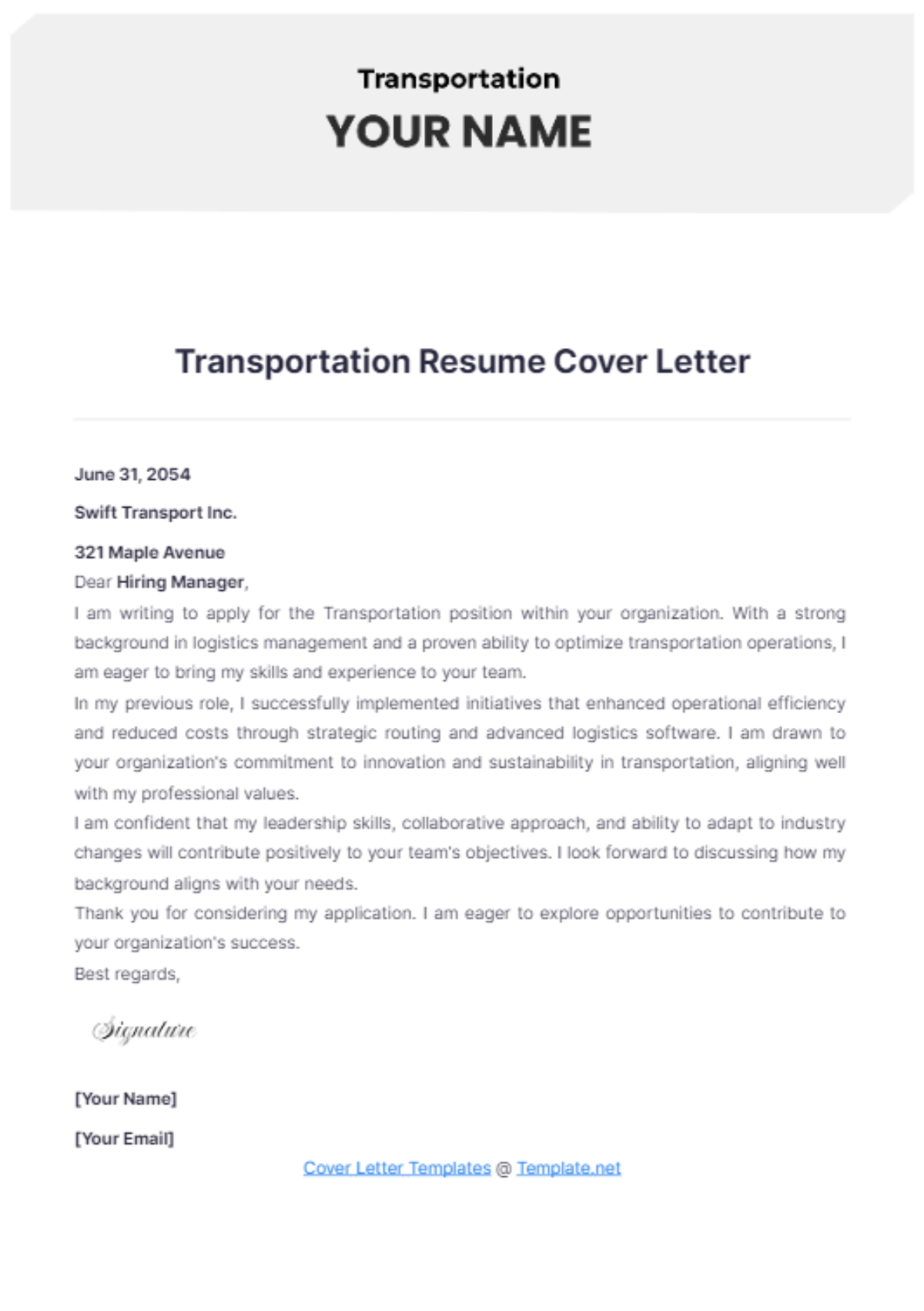 Transportation Resume Cover Letter - Edit Online & Download