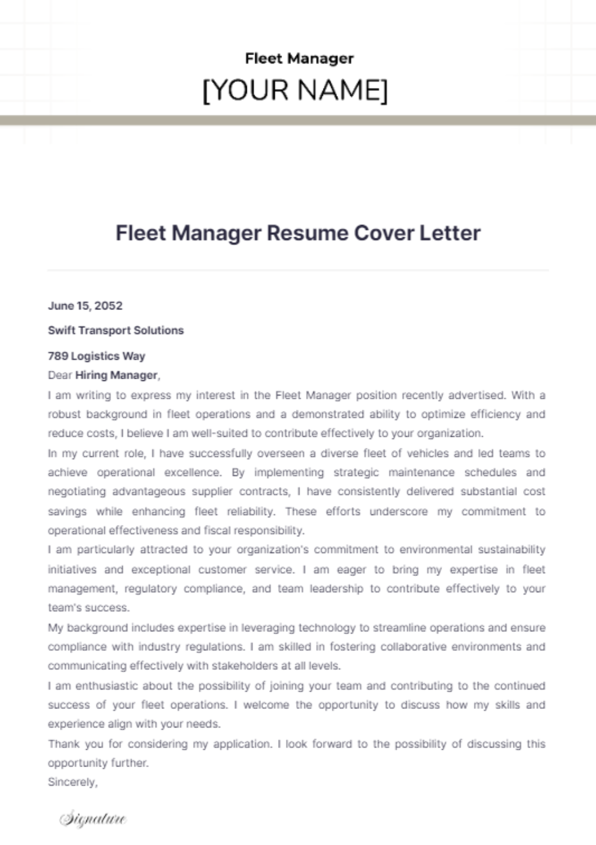 Fleet Manager Resume Cover Letter - Edit Online & Download