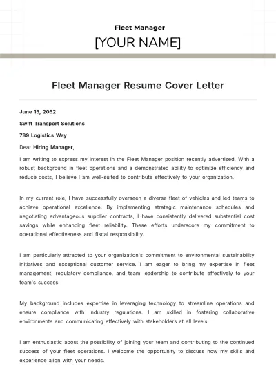 Free Fleet Manager Resume Cover Letter to Edit Online
