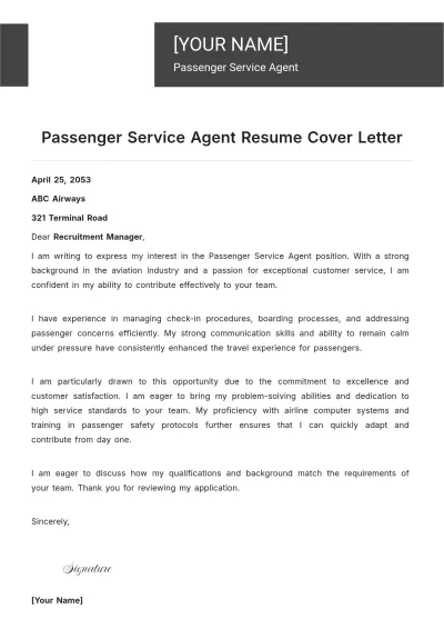 Free Passenger Service Agent Resume Cover Letter to Edit Online