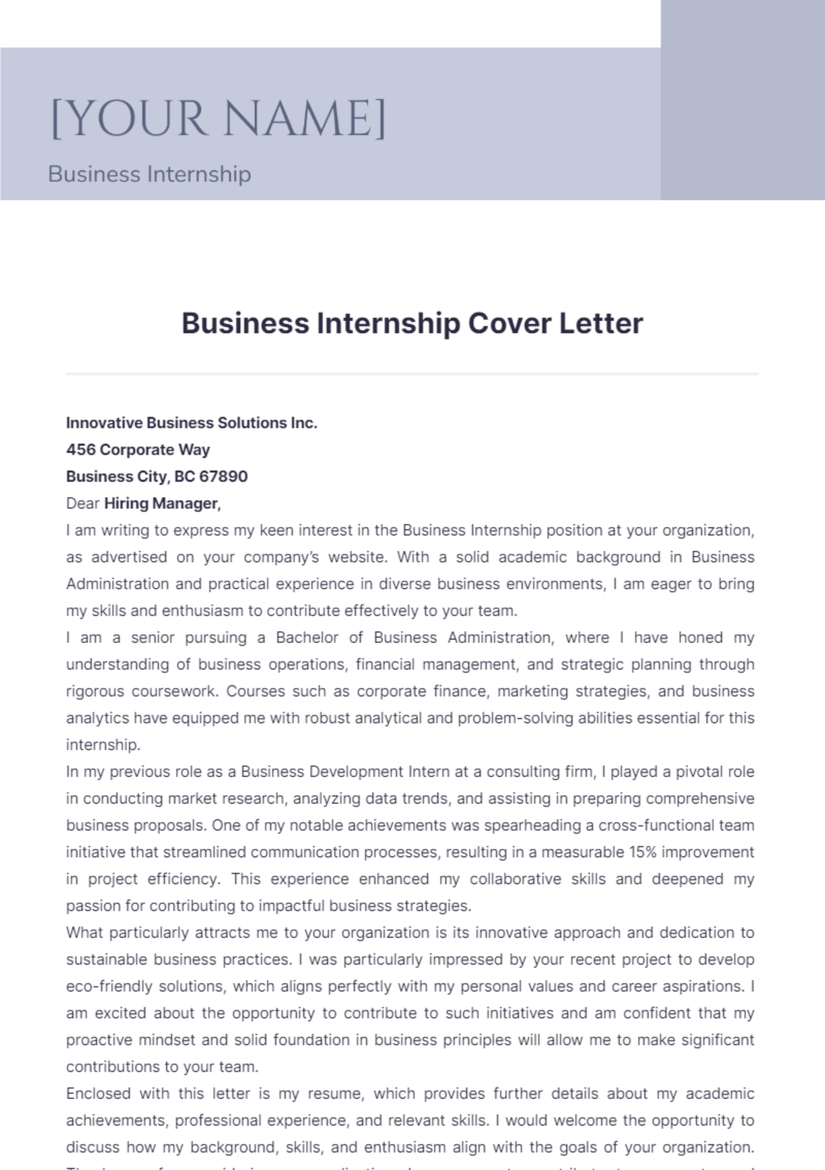 Business Internship Cover Letter - Edit Online & Download