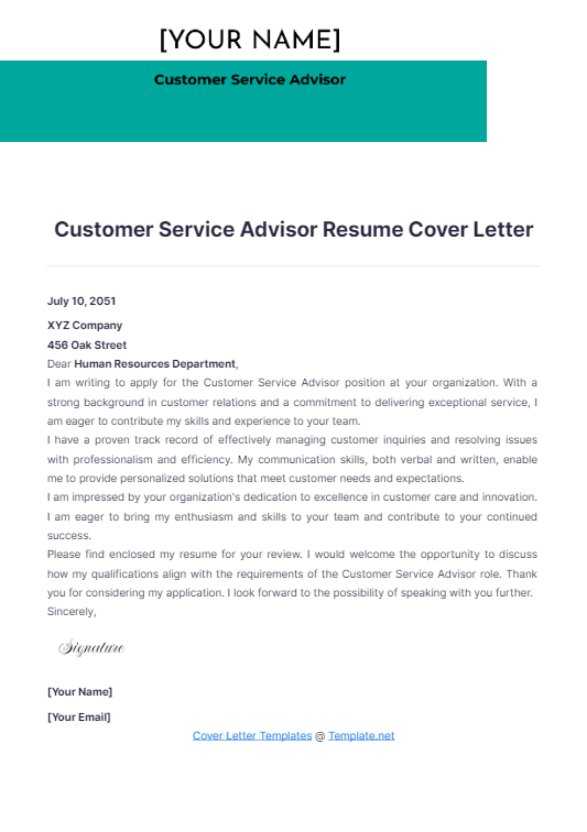 Customer Service Advisor Resume Cover Letter - Edit Online & Download