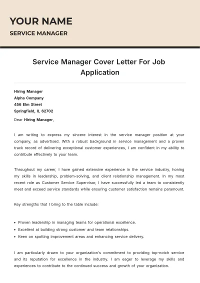 Free Service Manager Cover Letter For Job Application to Edit Online
