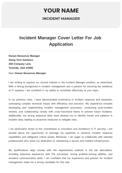 Free Incident Manager Cover Letter For Job Application to Edit Online