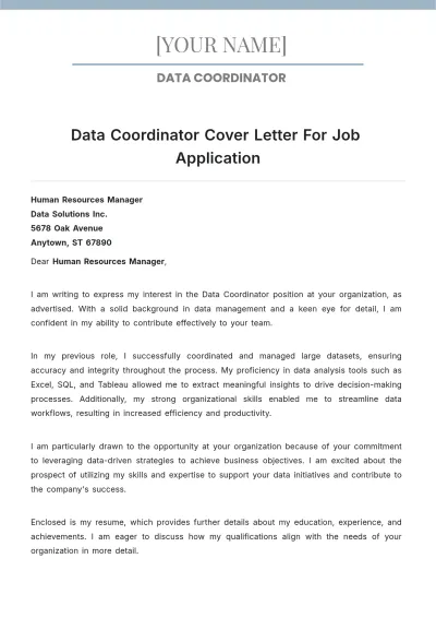 Free Data Coordinator Cover Letter For Job Application to Edit Online