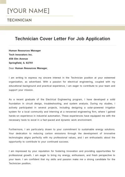Free Technician Cover Letter For Job Application to Edit Online