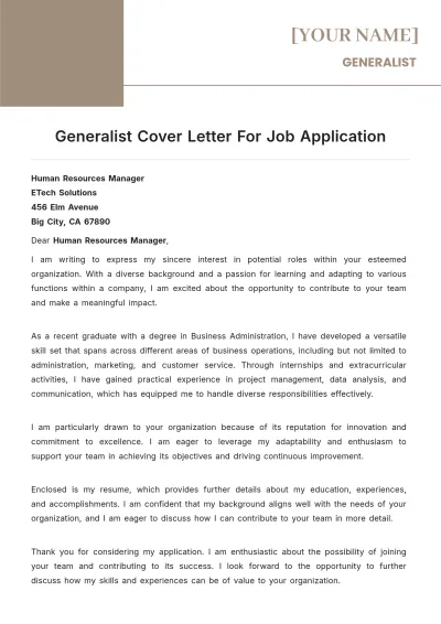 Free Generalist Cover Letter For Job Application to Edit Online