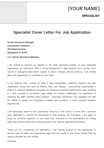 Free Specialist Cover Letter For Job Application to Edit Online