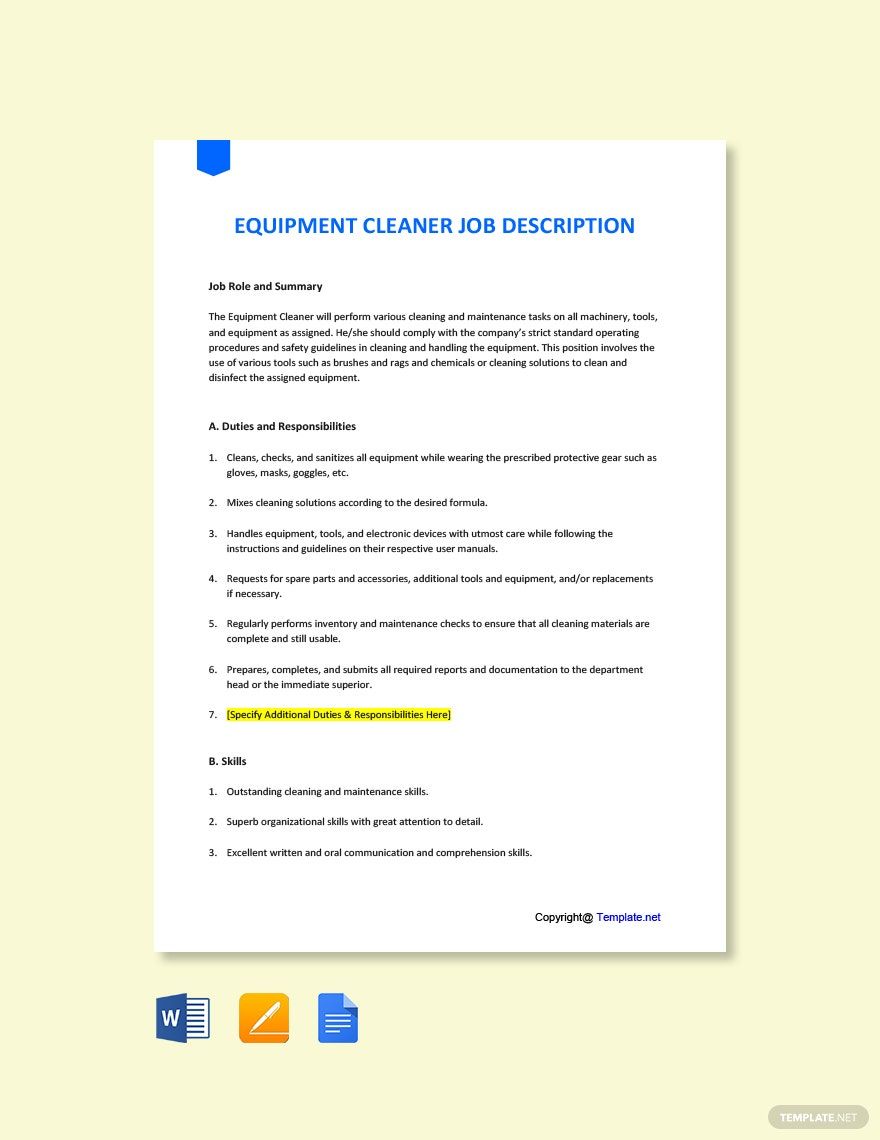 Equipment Cleaner Job Ad and Description Template