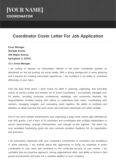Free Coordinator Cover Letter For Job Application to Edit Online