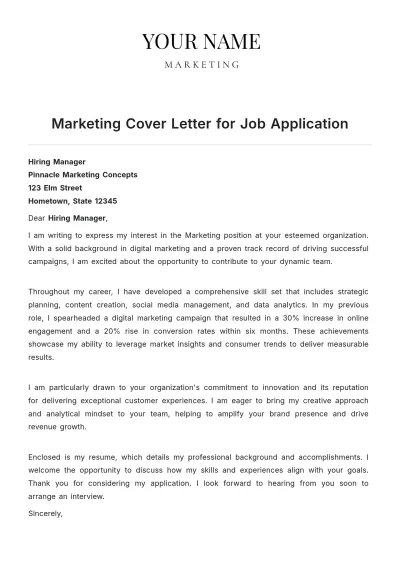 Free Marketing Cover Letter for Job Application to Edit Online