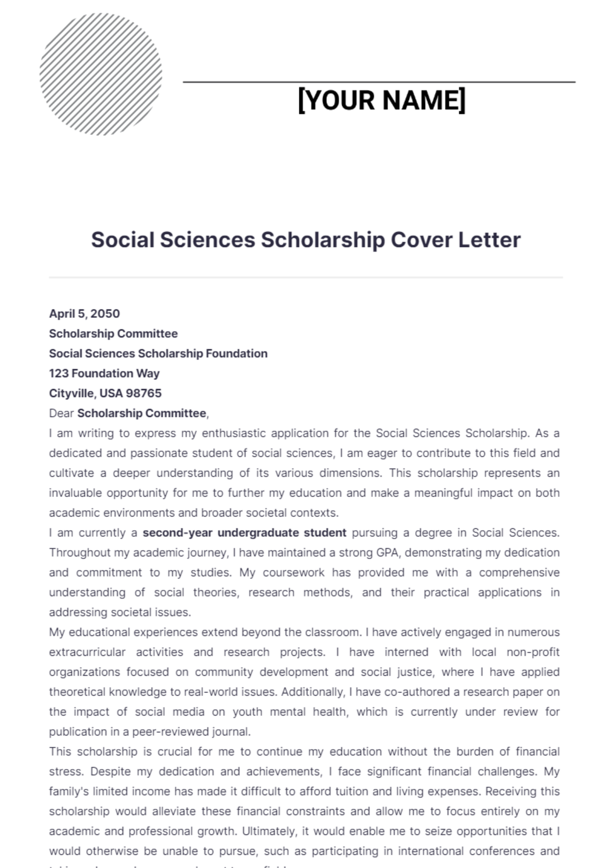 Social Sciences Scholarship Cover Letter - Edit Online & Download