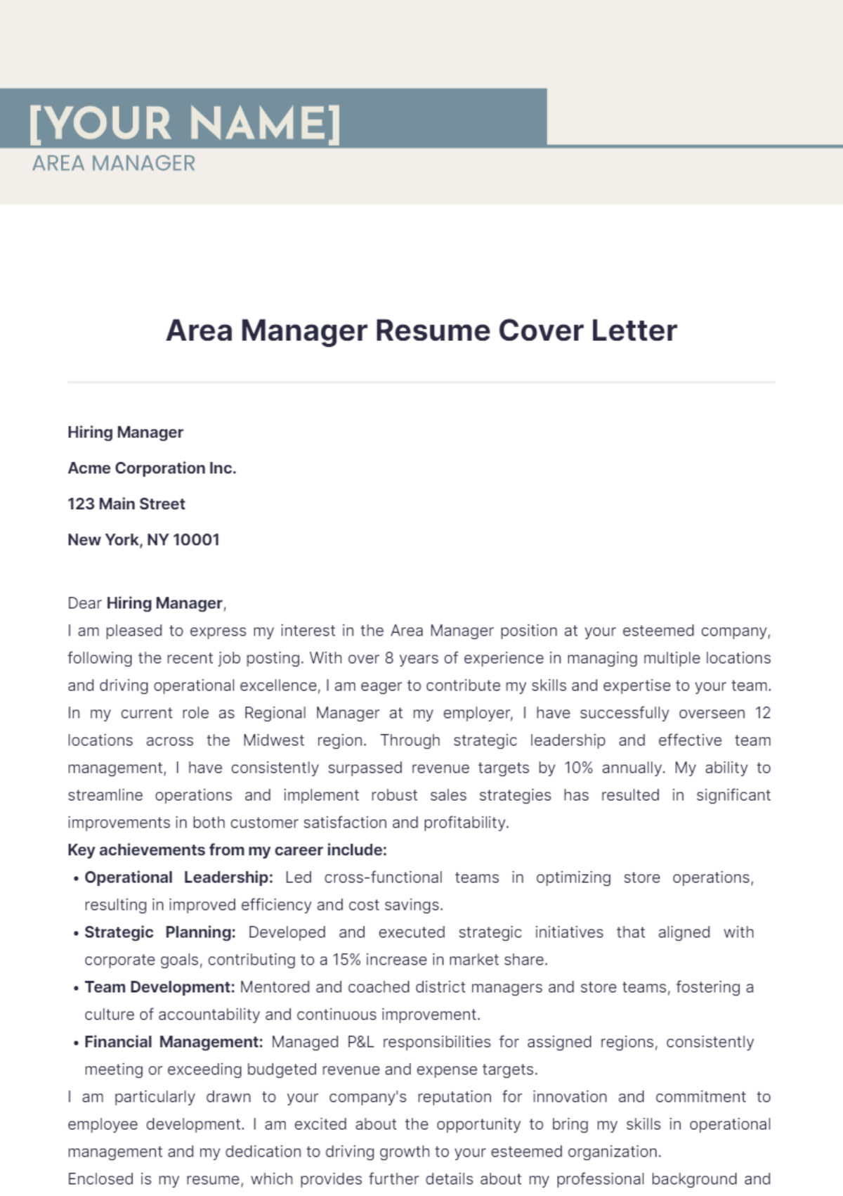 Area Manager Resume Cover Letter - Edit Online & Download