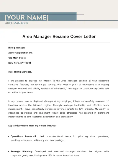 Free Area Manager Resume Cover Letter to Edit Online