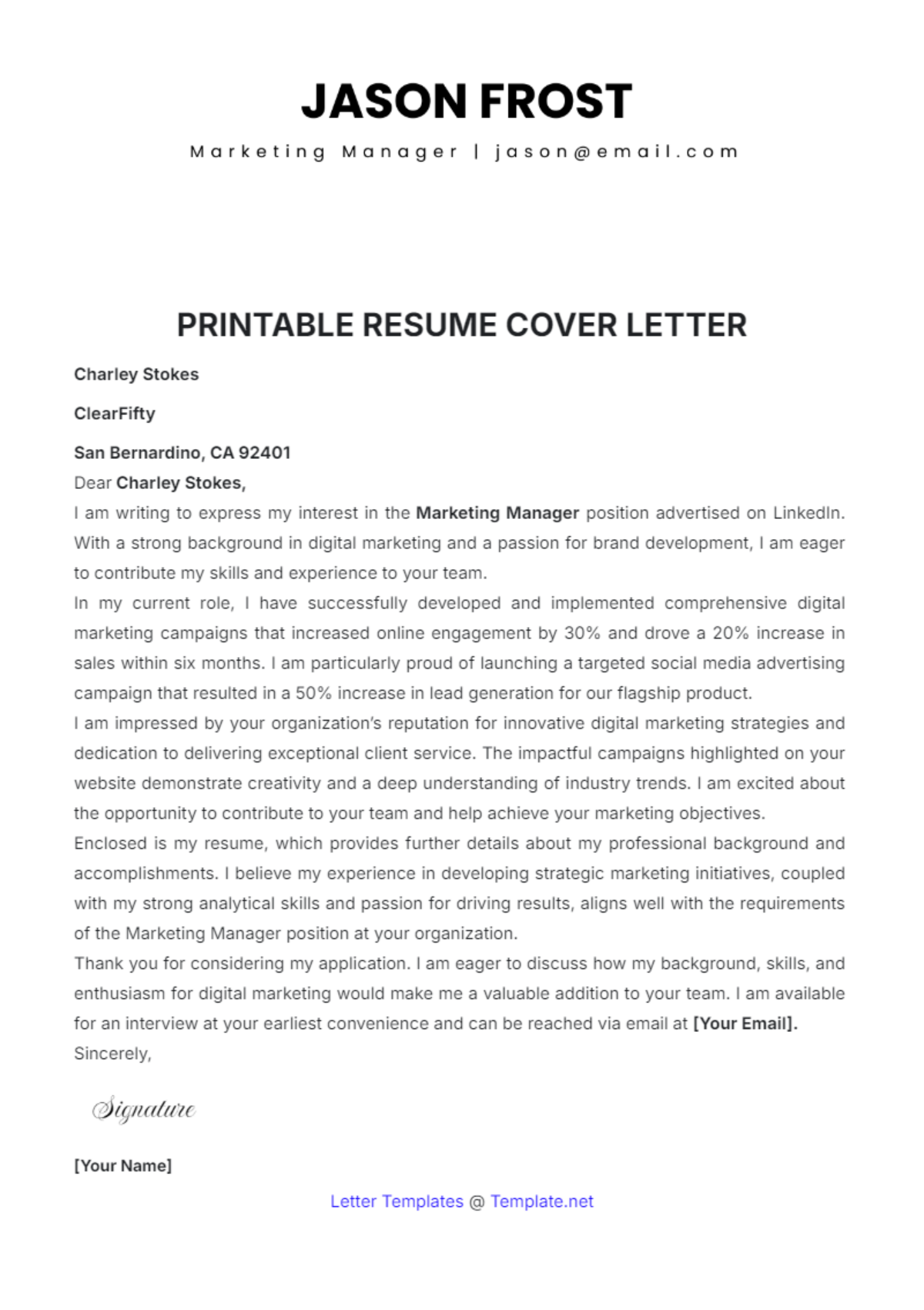 Printable Resume Cover Letter Template - Edit Online & Download