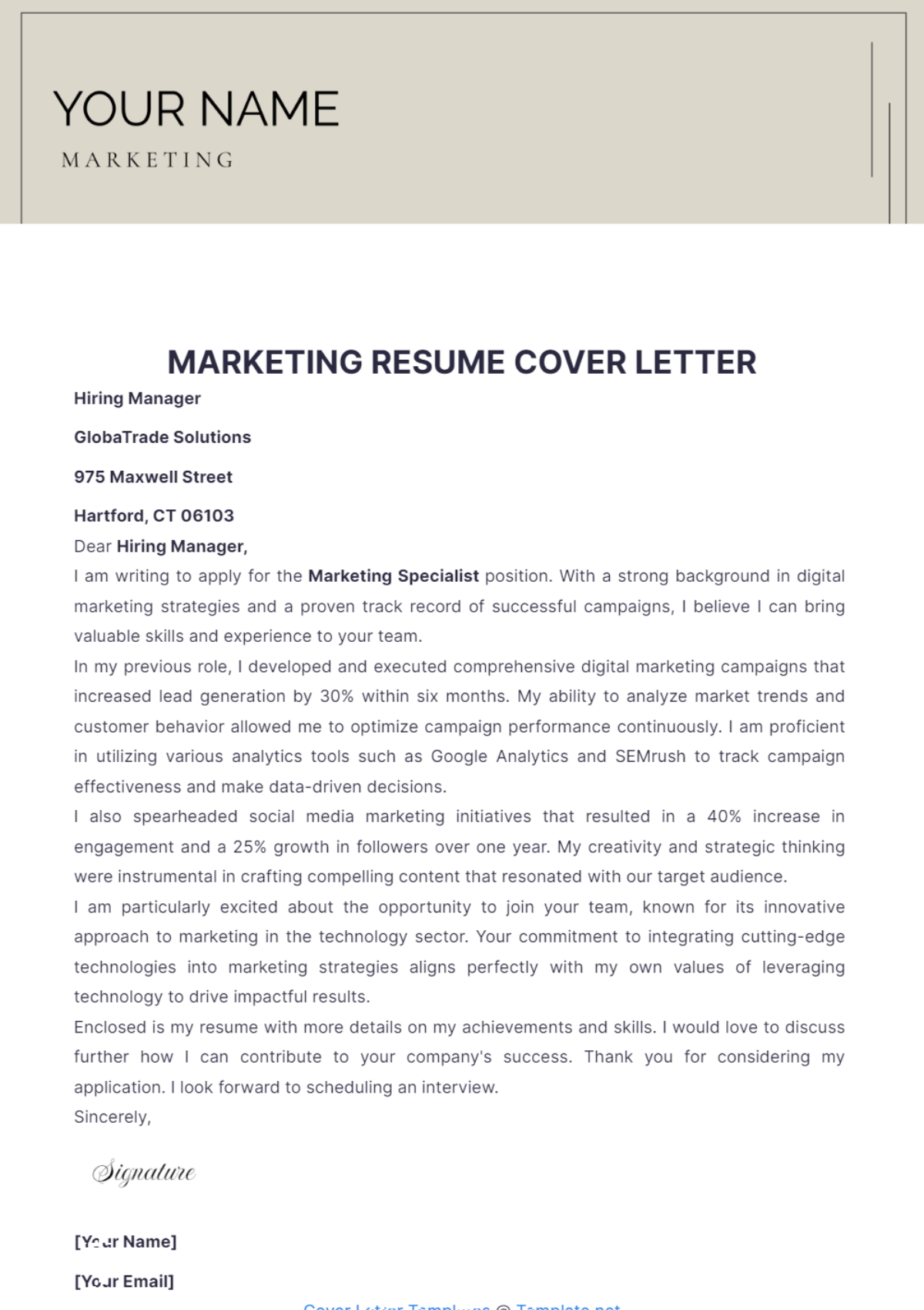 Marketing Resume Cover Letter - Edit Online & Download