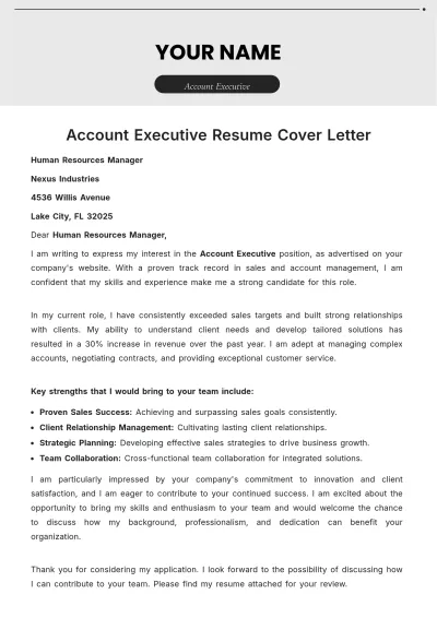 Free Account Executive Resume Cover Letter to Edit Online