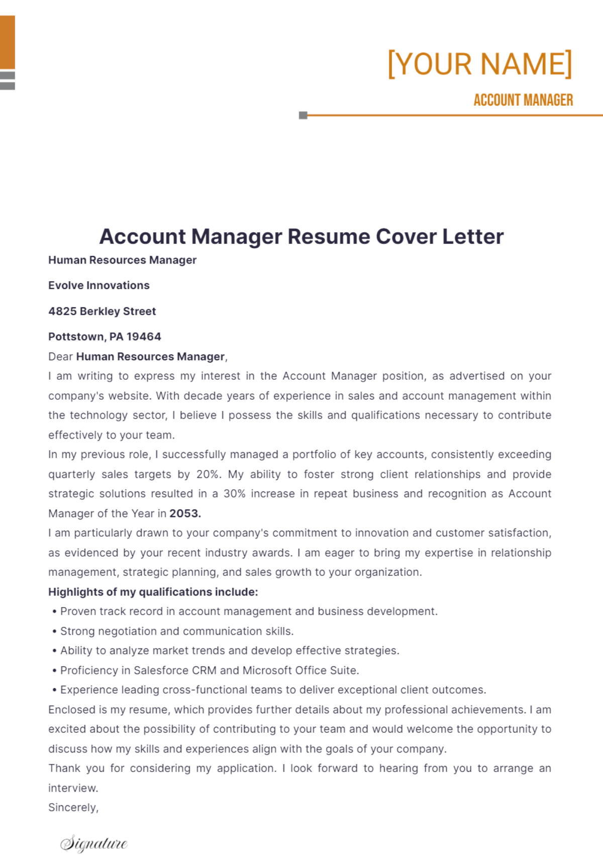 Account Manager Resume Cover Letter - Edit Online & Download