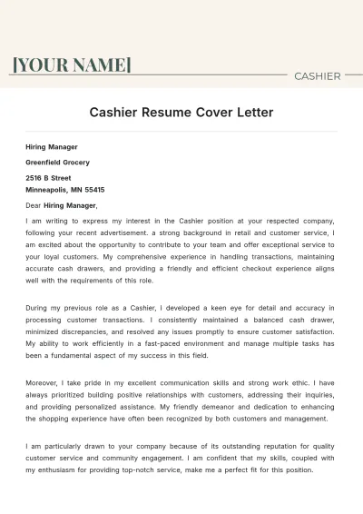 Free Cashier Resume Cover Letter to Edit Online