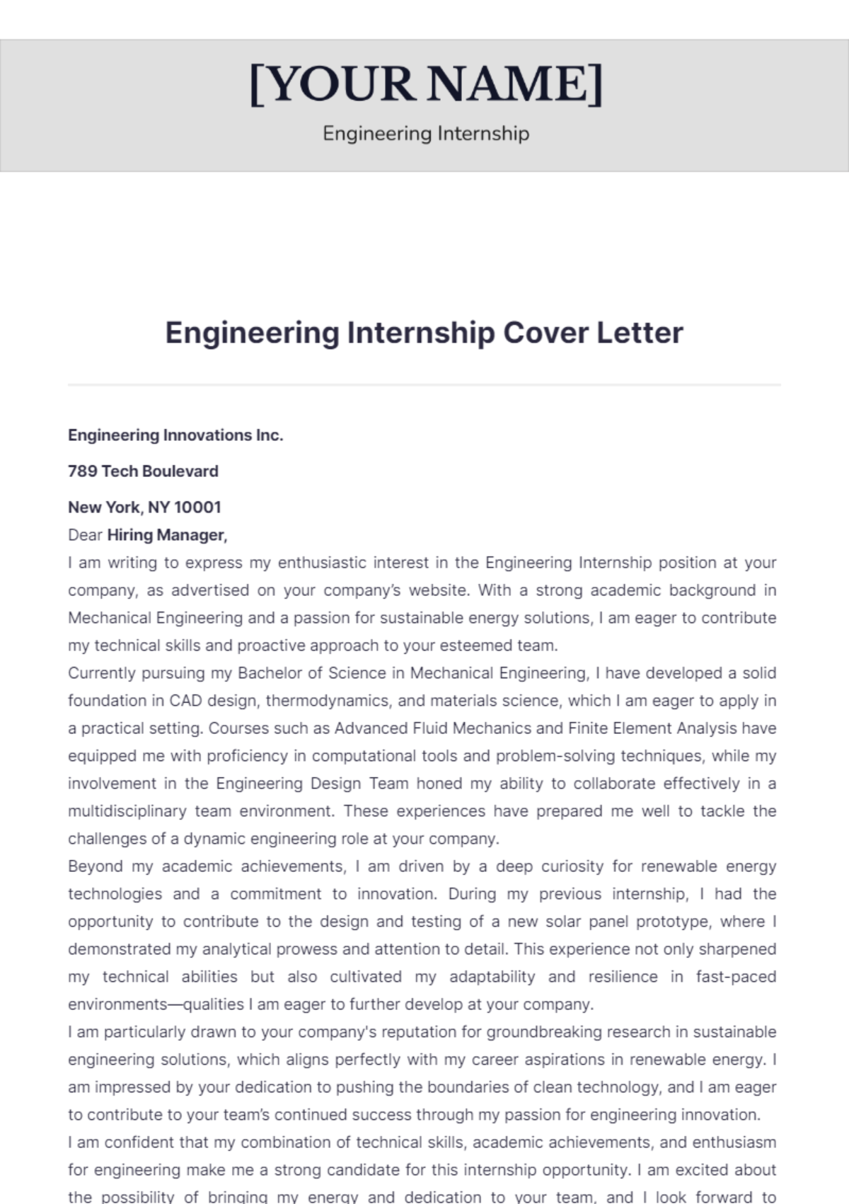 Engineering Internship Cover Letter - Edit Online & Download