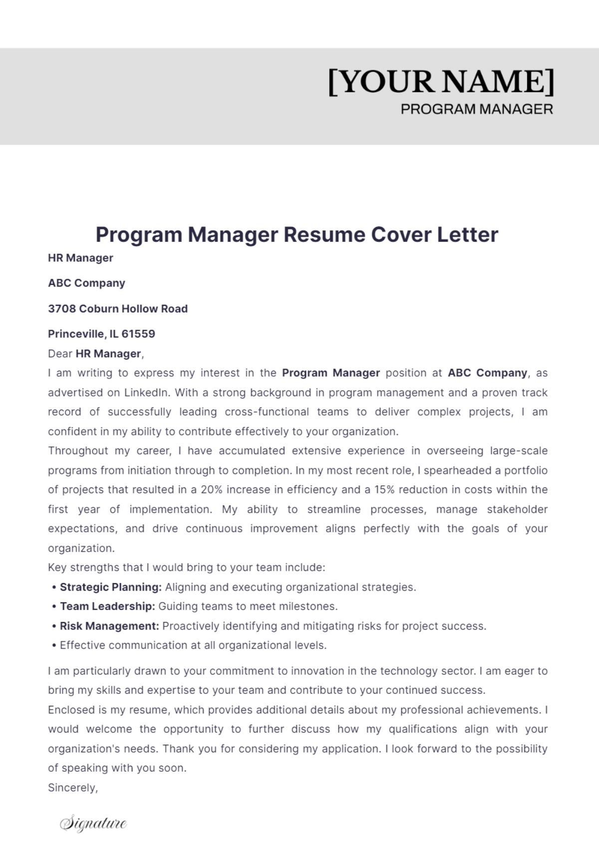 Program Manager Resume Cover Letter - Edit Online & Download