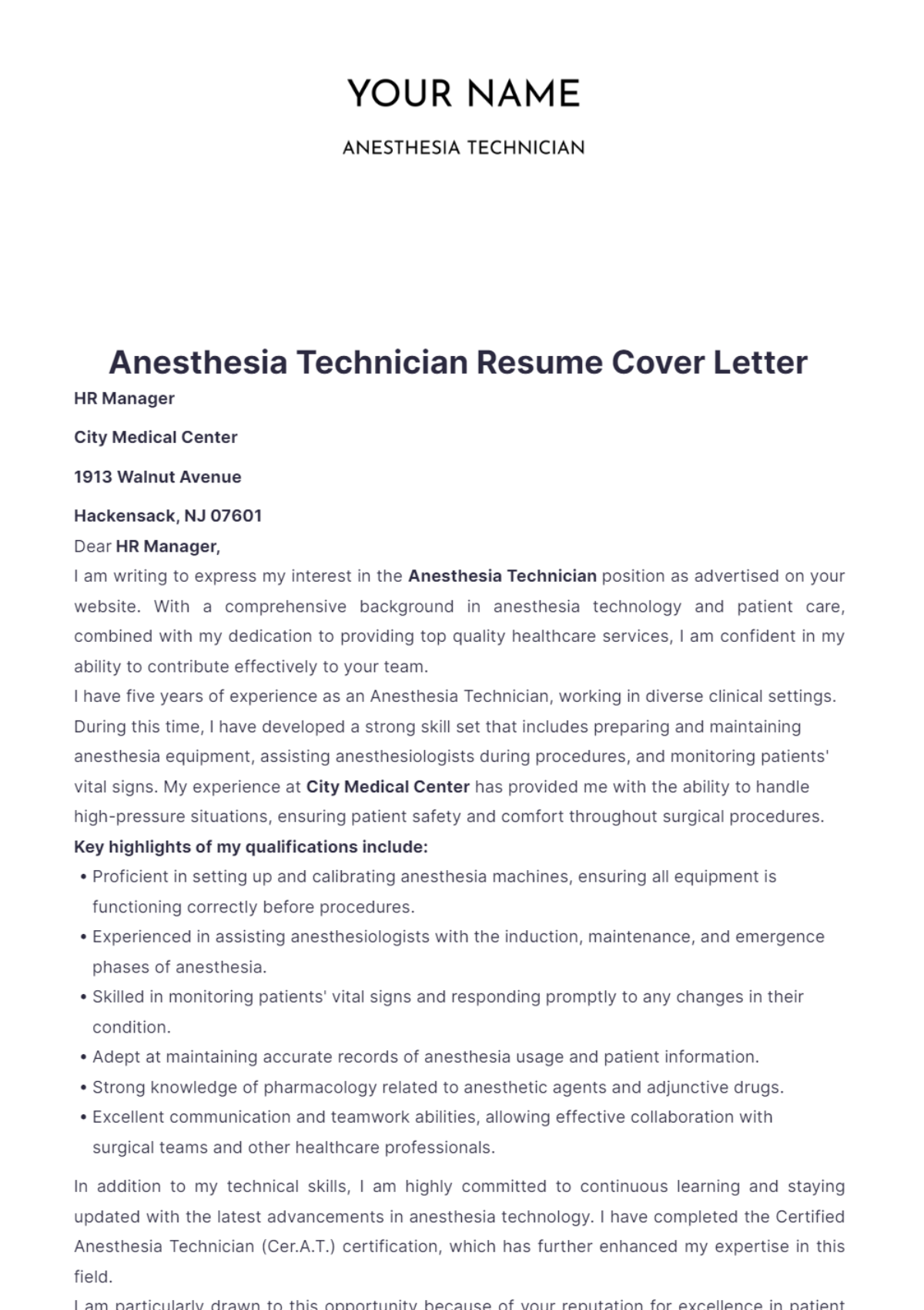 cover letter for anesthesia technician