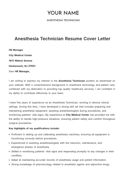 Free Anesthesia Technician Resume Cover Letter to Edit Online