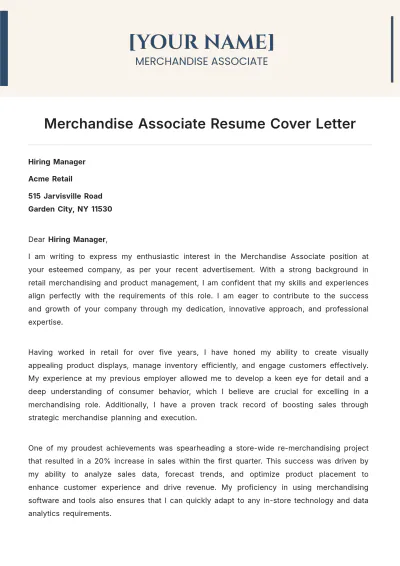 Free Merchandise Associate Resume Cover Letter to Edit Online