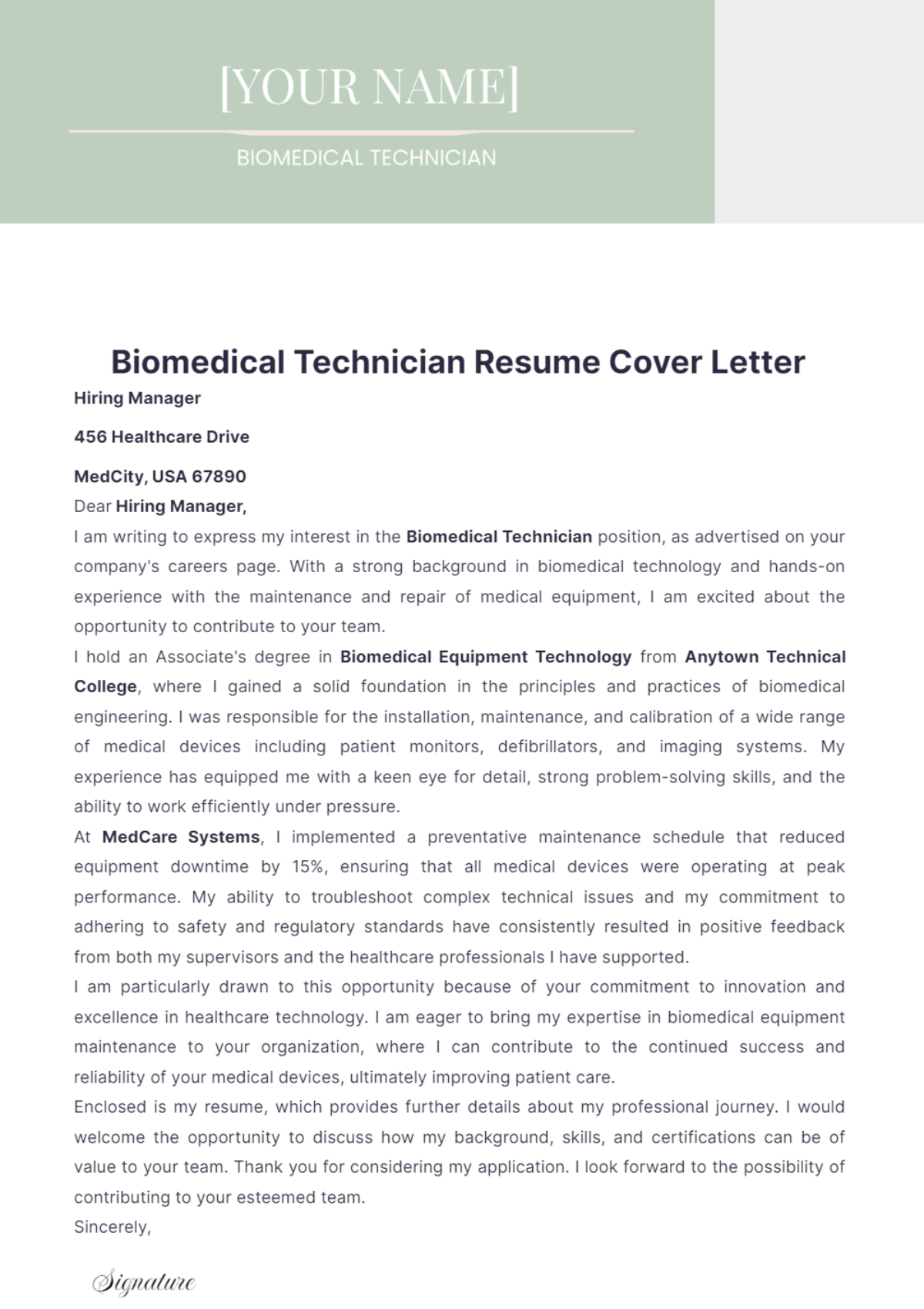 Biomedical Technician Resume Cover Letter - Edit Online & Download