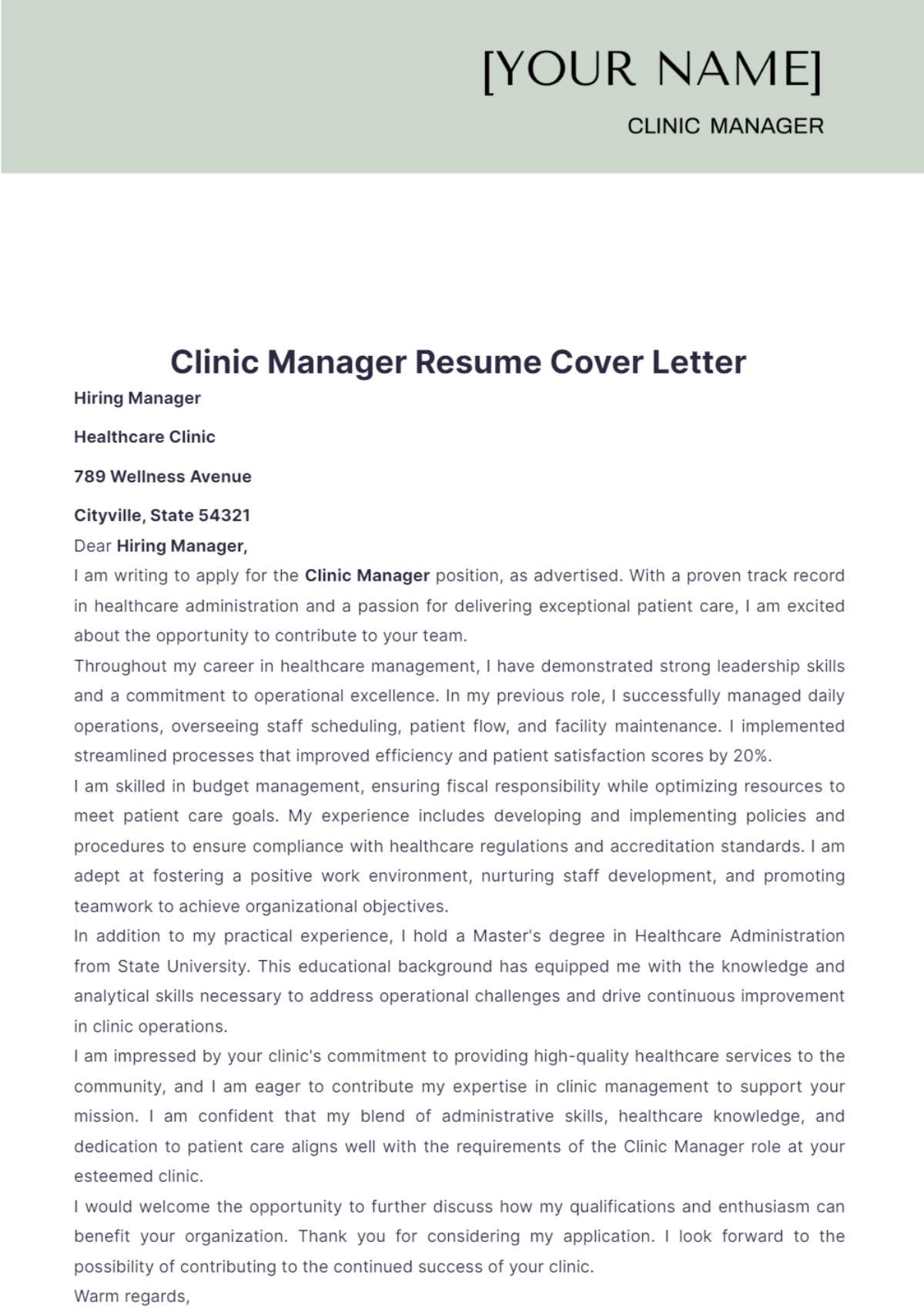 Clinic Manager Resume Cover Letter - Edit Online & Download