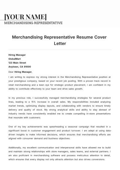 Free Merchandising Representative Resume Cover Letter to Edit Online