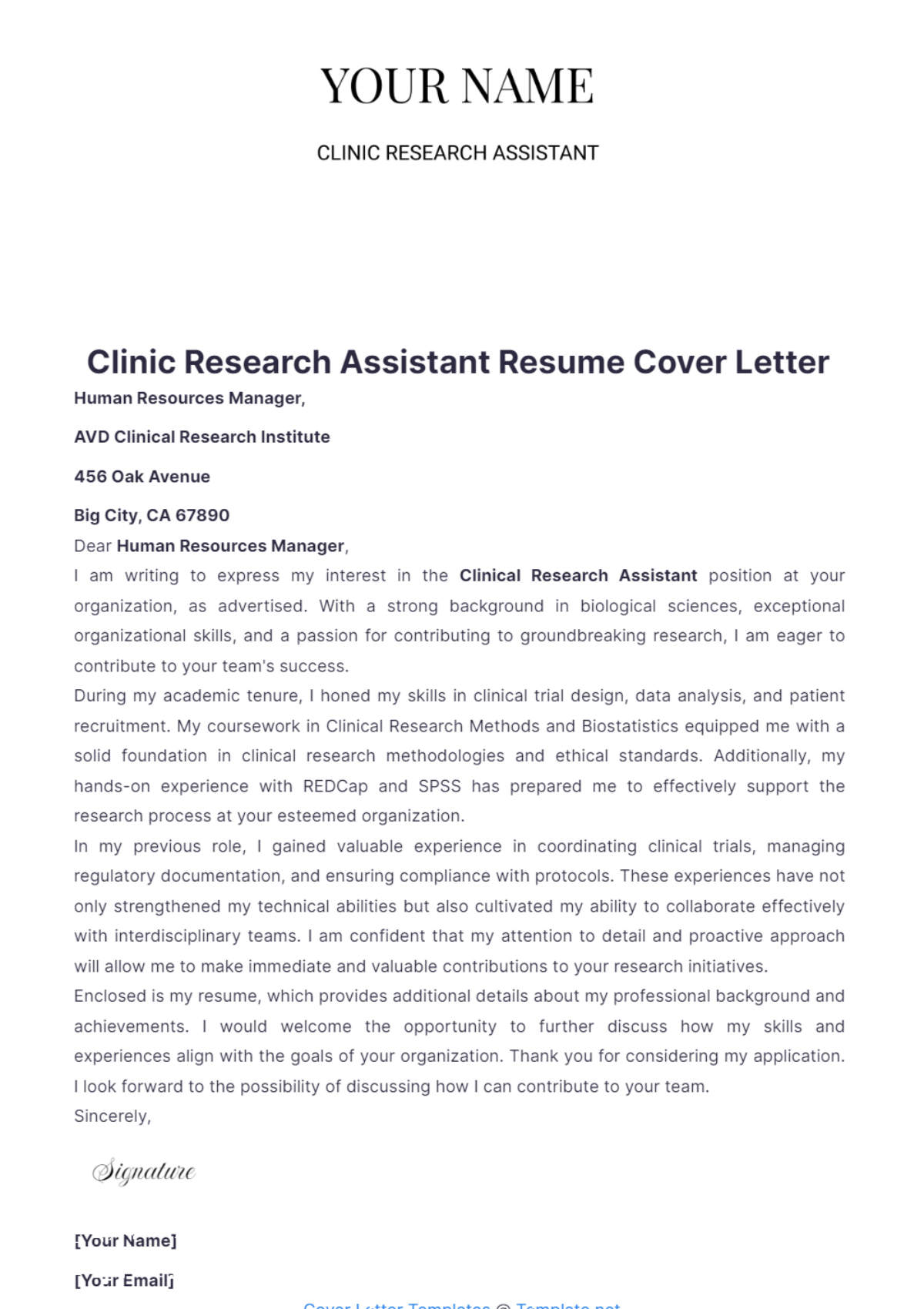 Clinical Research Assistant Resume Cover Letter - Edit Online & Download