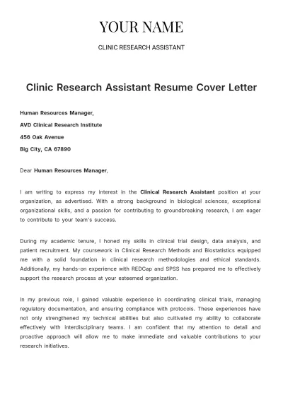 Free Clinical Research Assistant Resume Cover Letter to Edit Online
