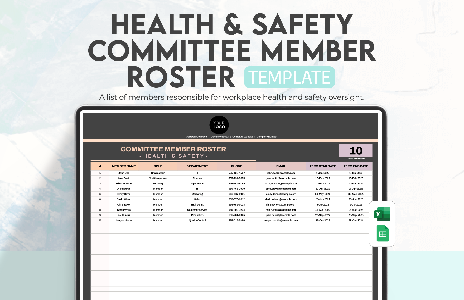 Health & Safety Committee Member Roster Template in Excel, Google Sheets
