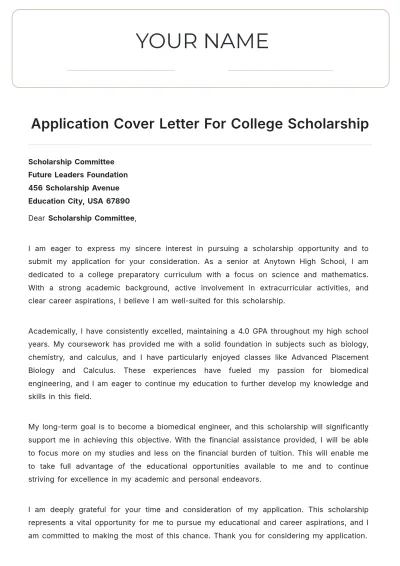 Free Application Cover Letter For College Scholarship to Edit Online