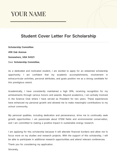 Free Student Cover Letter For Scholarship to Edit Online