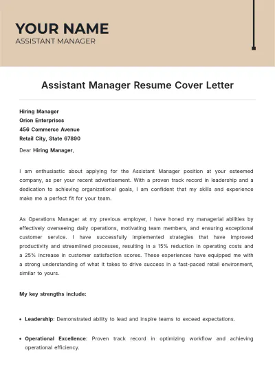 Free Assistant Manager Resume Cover Letter to Edit Online