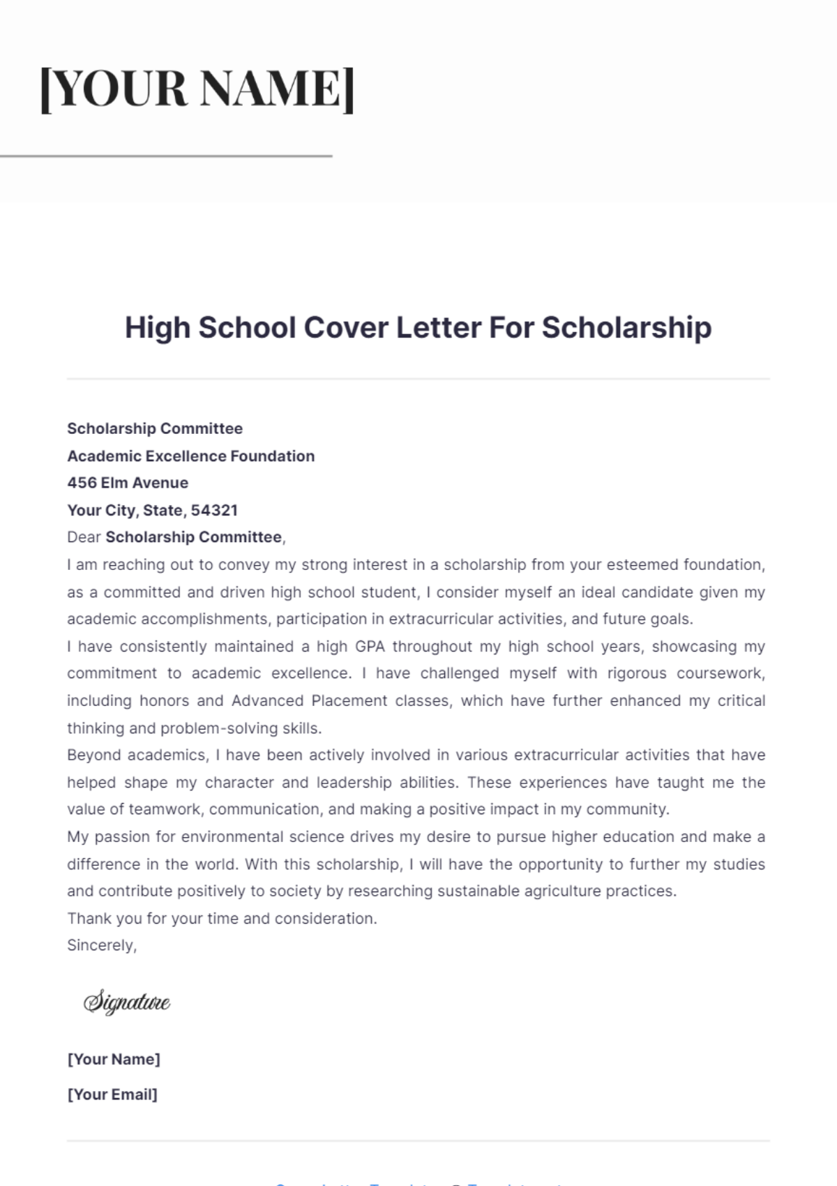 Free High School Cover Letter For Scholarship Template To Edit Online