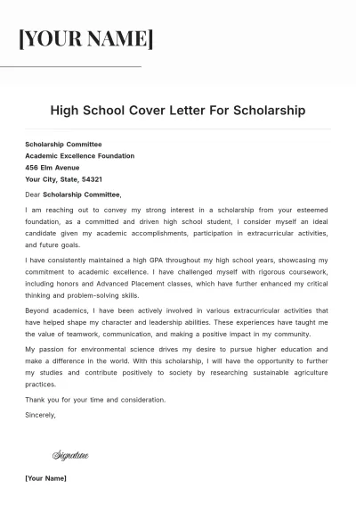 Free High School Cover Letter For Scholarship to Edit Online
