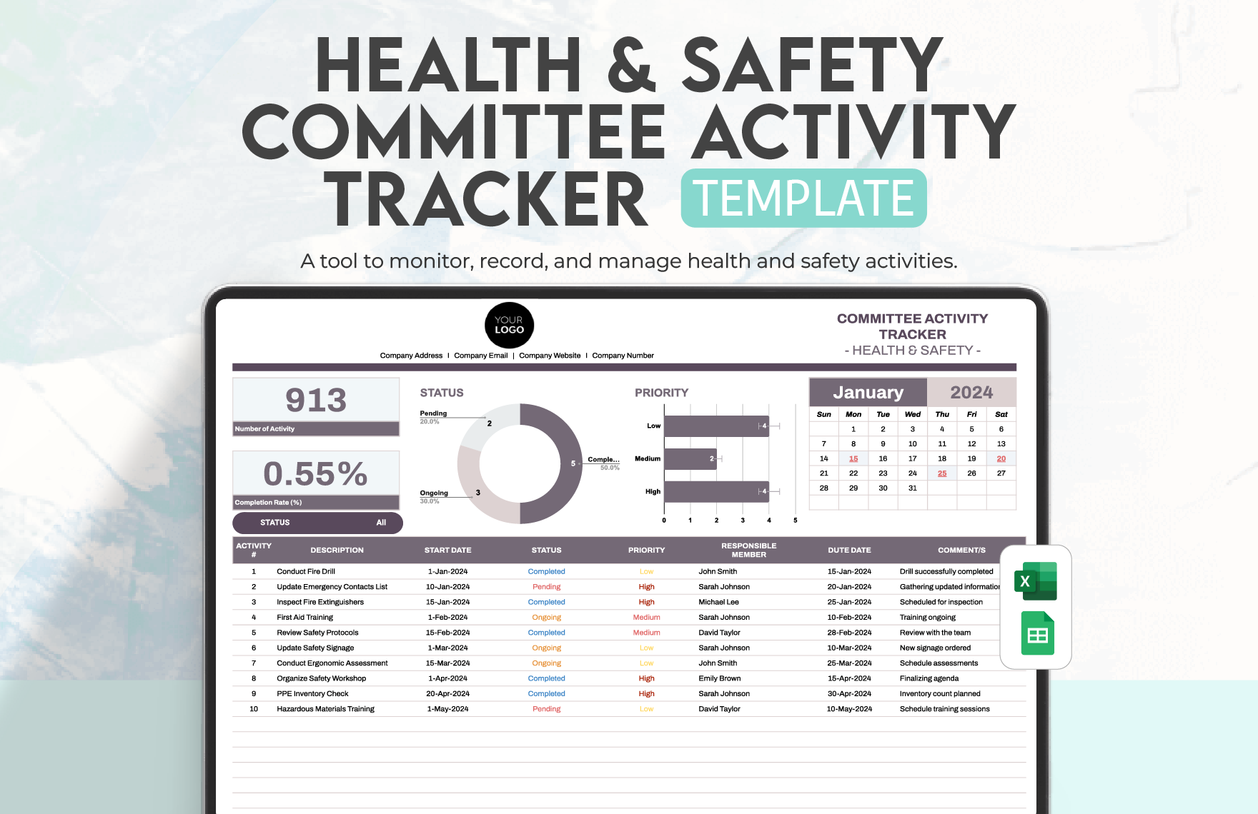 Health & Safety Committee Activity Tracker Template in Excel, Google Sheets