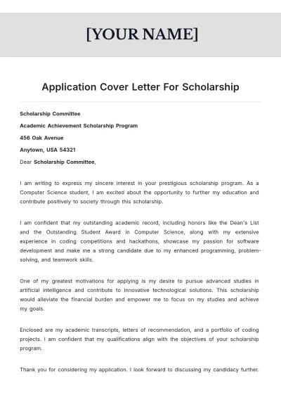 Free Application Cover Letter For Scholarship to Edit Online