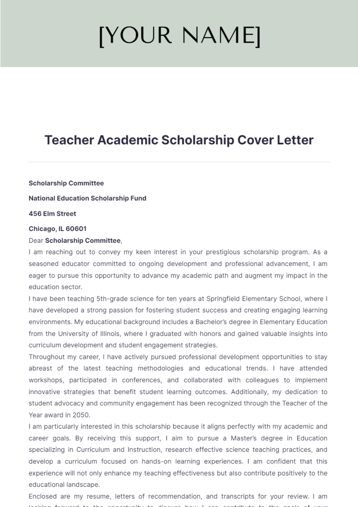 Teacher Academic Scholarship Cover Letter - Edit Online & Download