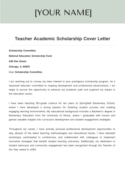 Free Teacher Academic Scholarship Cover Letter to Edit Online