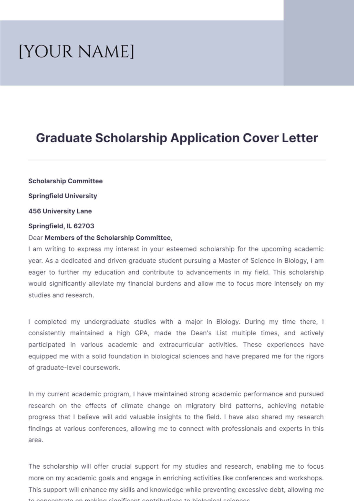 Graduate Scholarship Application Cover Letter - Edit Online & Download