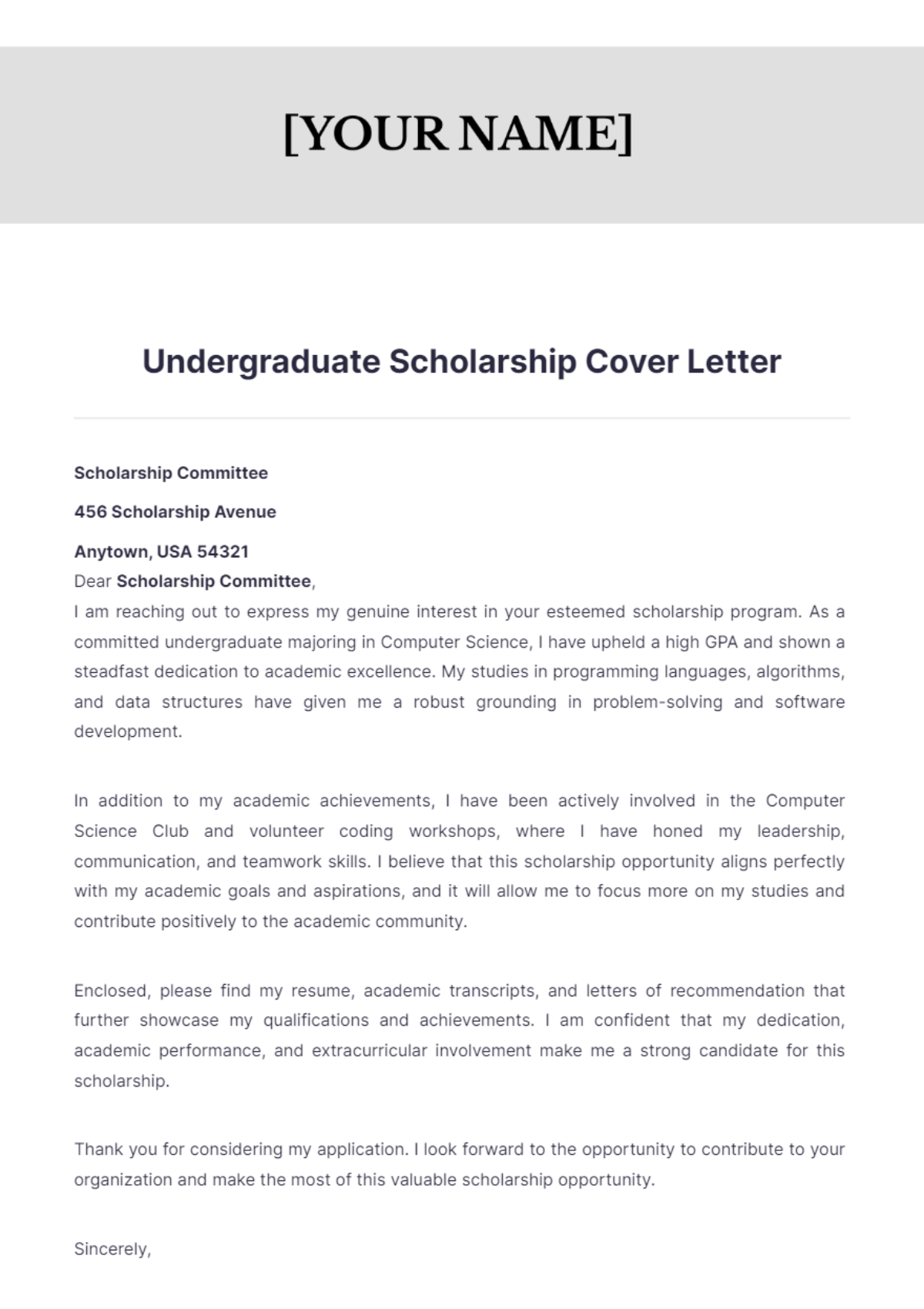 Undergraduate Scholarship Cover Letter - Edit Online & Download