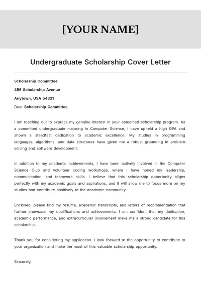 Free Undergraduate Scholarship Cover Letter to Edit Online
