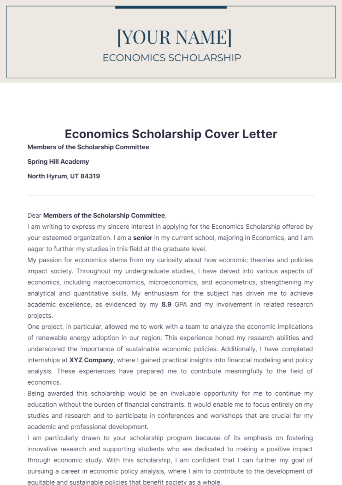 Economics Scholarship Cover Letter - Edit Online & Download